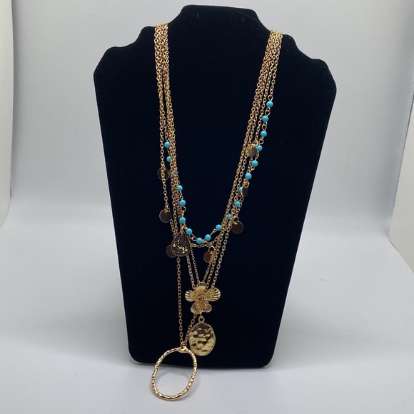 Lady Arya Bohemian Festival Aqua & Gold Floral Necklace Chain Layered Hammered - Picture 7 of 12